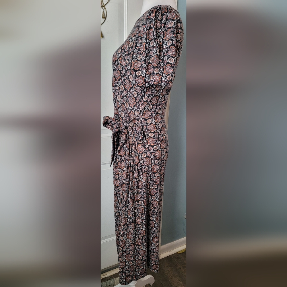 Boden Knot Front Jersey Midi Dress Womens 8P Black White Rust Boho Floral Stretc - Picture 2 of 13